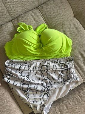 Neon Lime Green Bikini Top with Snakeskin High-Waist Bottoms